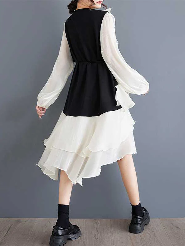High-Low Long Sleeves Contrast Color Ruffle Trim Split-Joint Round-Neck Midi Dresses - Image 7