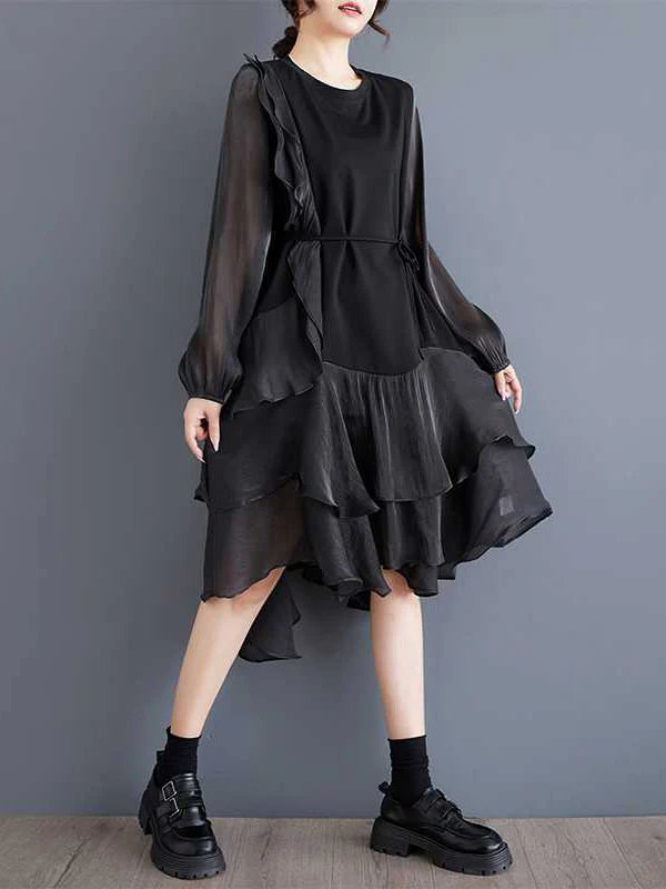 High-Low Long Sleeves Contrast Color Ruffle Trim Split-Joint Round-Neck Midi Dresses - Image 8
