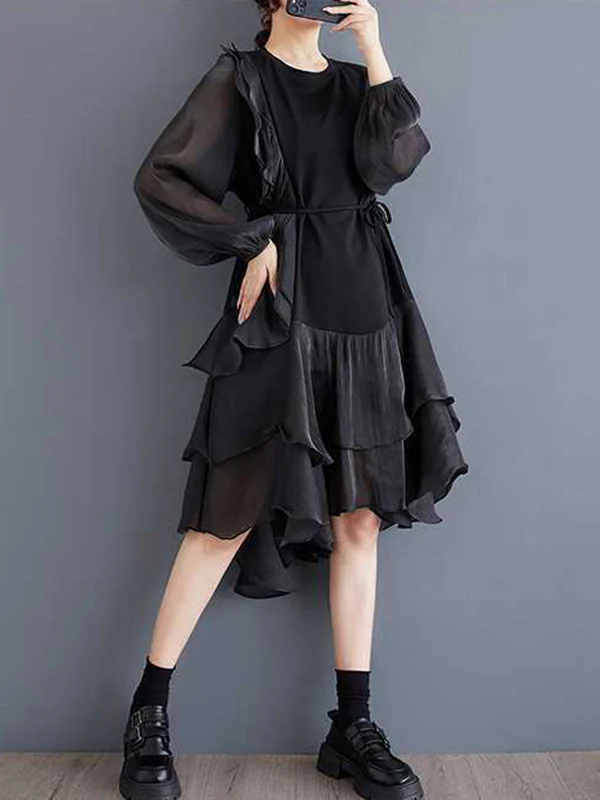 High-Low Long Sleeves Contrast Color Ruffle Trim Split-Joint Round-Neck Midi Dresses - Image 9