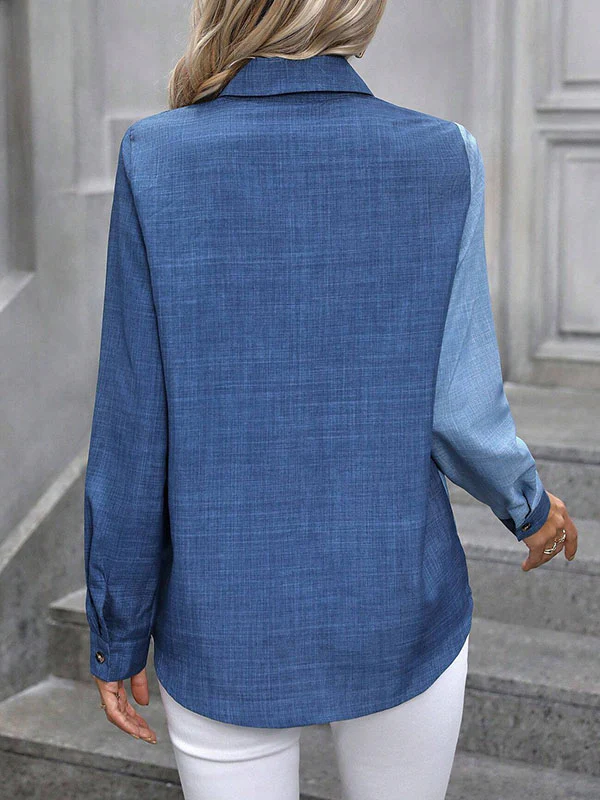 High-Low Long Sleeves Contrast Color Split-Joint Lapel Blouses&Shirts Tops - Image 6