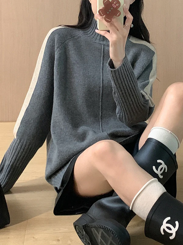High-Low Long Sleeves Contrast Color Split-Joint Split-Side High Neck Pullovers Sweater Tops - Image 10