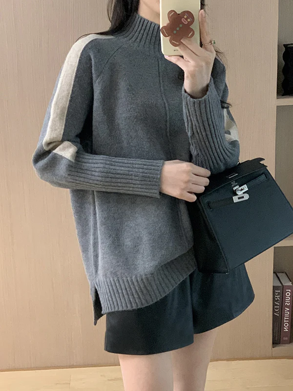 High-Low Long Sleeves Contrast Color Split-Joint Split-Side High Neck Pullovers Sweater Tops - Image 11