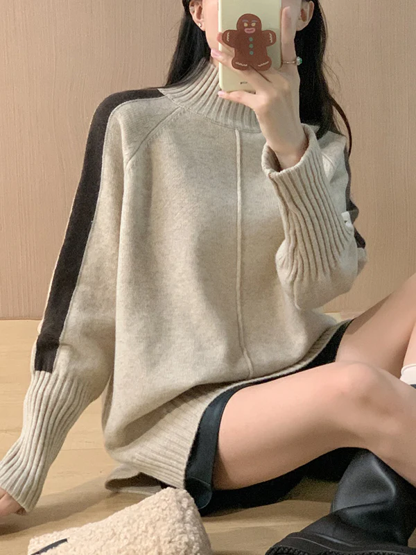 High-Low Long Sleeves Contrast Color Split-Joint Split-Side High Neck Pullovers Sweater Tops - Image 12