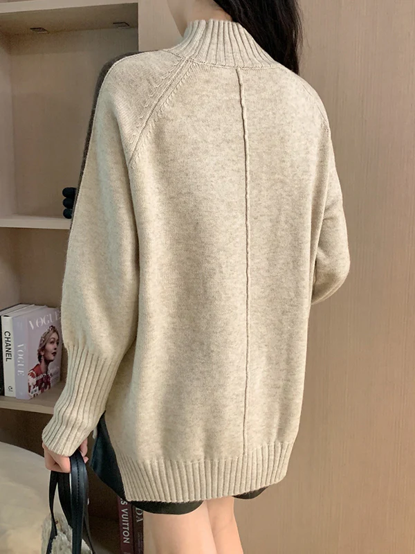 High-Low Long Sleeves Contrast Color Split-Joint Split-Side High Neck Pullovers Sweater Tops - Image 13