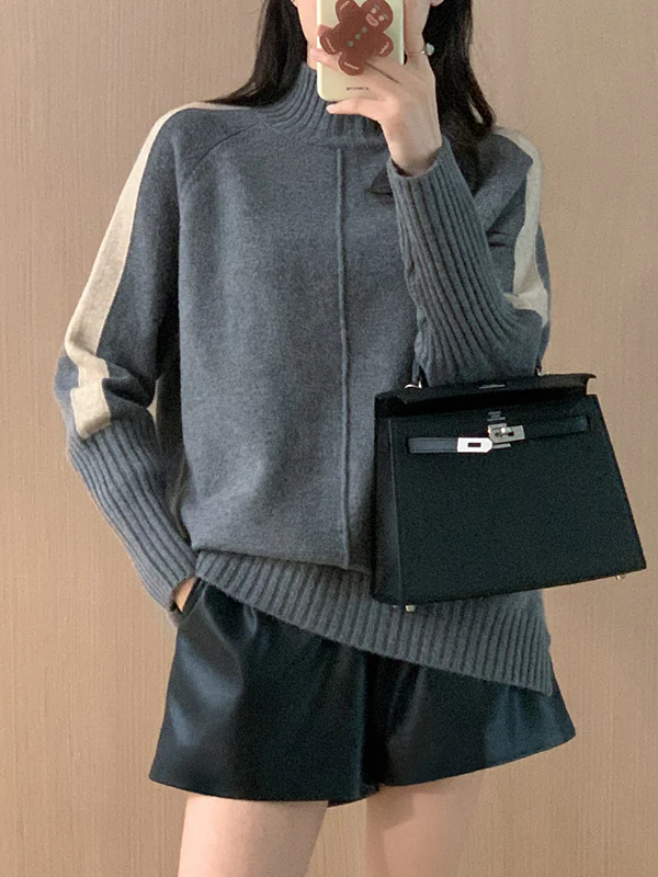 High-Low Long Sleeves Contrast Color Split-Joint Split-Side High Neck Pullovers Sweater Tops - Image 2