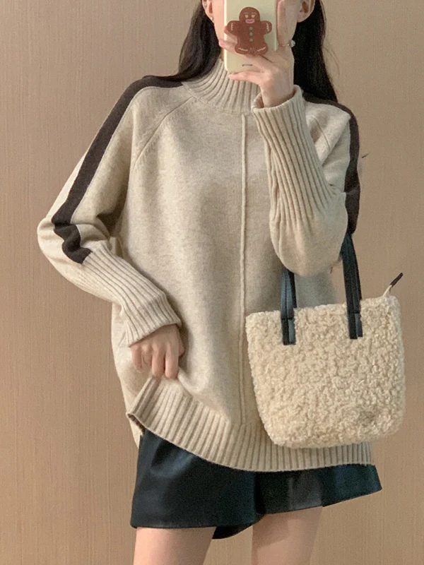 High-Low Long Sleeves Contrast Color Split-Joint Split-Side High Neck Pullovers Sweater Tops - Image 3
