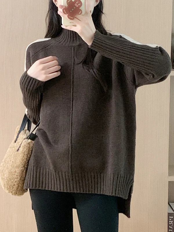 High-Low Long Sleeves Contrast Color Split-Joint Split-Side High Neck Pullovers Sweater Tops - Image 4