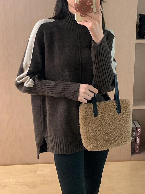 High-Low Long Sleeves Contrast Color Split-Joint Split-Side High Neck Pullovers Sweater Tops - Image 5