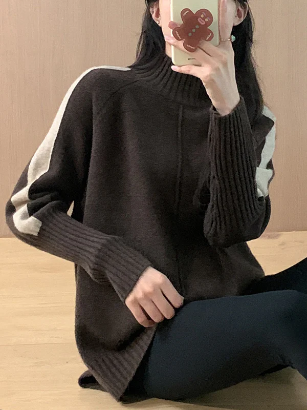 High-Low Long Sleeves Contrast Color Split-Joint Split-Side High Neck Pullovers Sweater Tops - Image 6