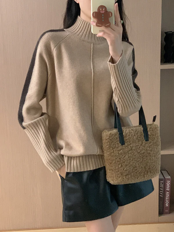 High-Low Long Sleeves Contrast Color Split-Joint Split-Side High Neck Pullovers Sweater Tops - Image 7