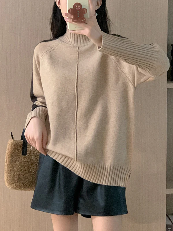 High-Low Long Sleeves Contrast Color Split-Joint Split-Side High Neck Pullovers Sweater Tops - Image 8