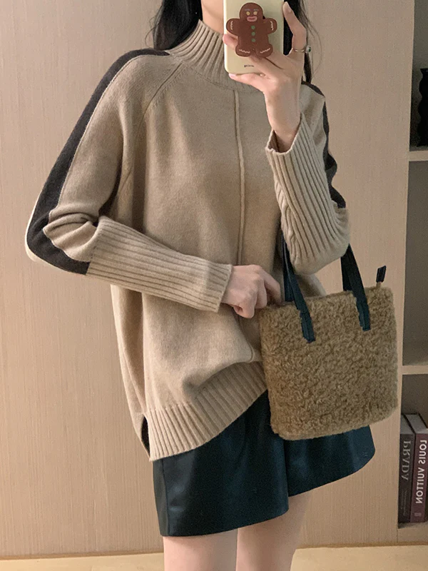 High-Low Long Sleeves Contrast Color Split-Joint Split-Side High Neck Pullovers Sweater Tops - Image 9
