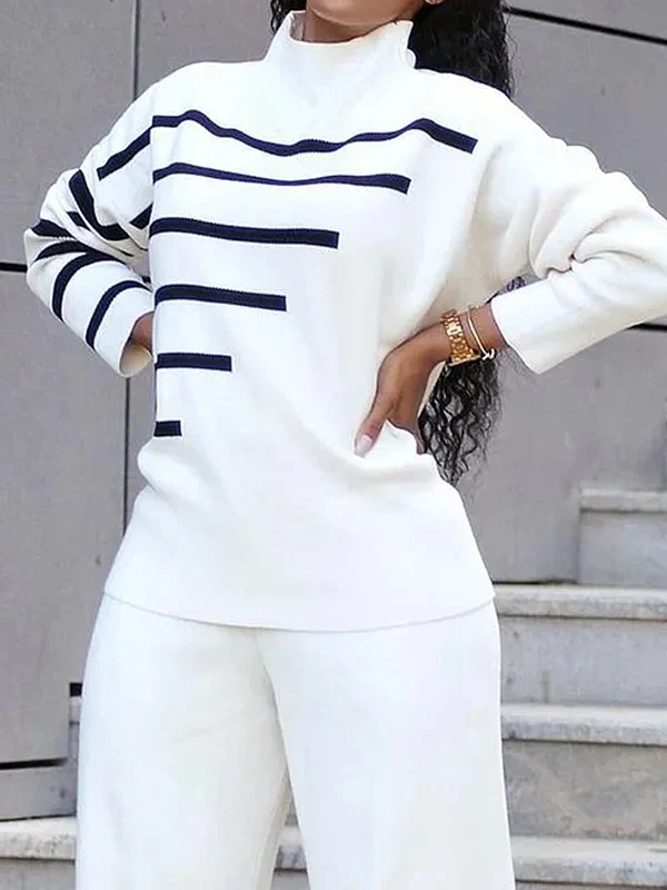 High-Low Long Sleeves Contrast Color Split-Side High Neck Pullovers Sweater Tops - Image 2
