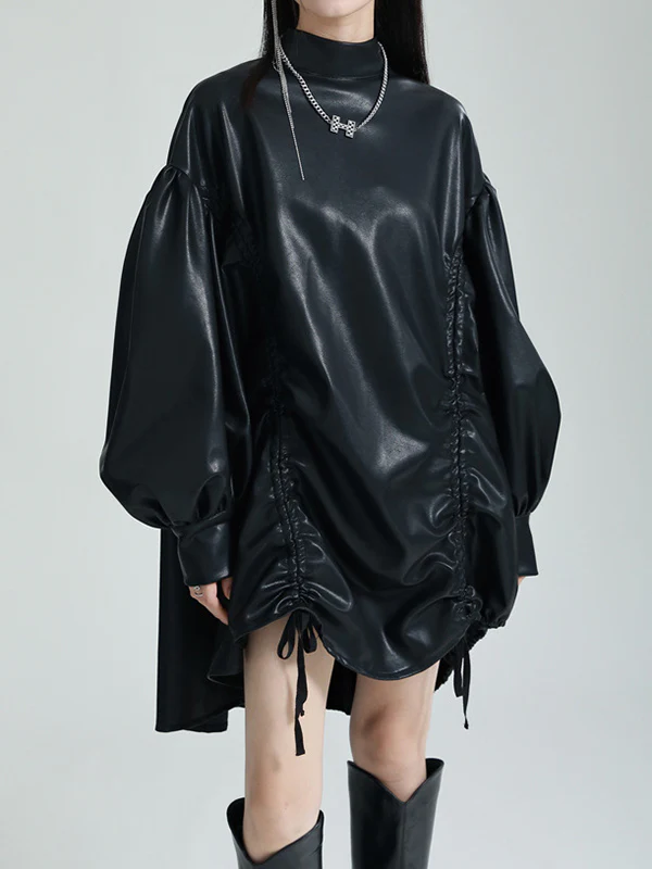 High-Low Long Sleeves Drawstring Pleated Solid Color Stand Collar Mini Dresses - Image 10