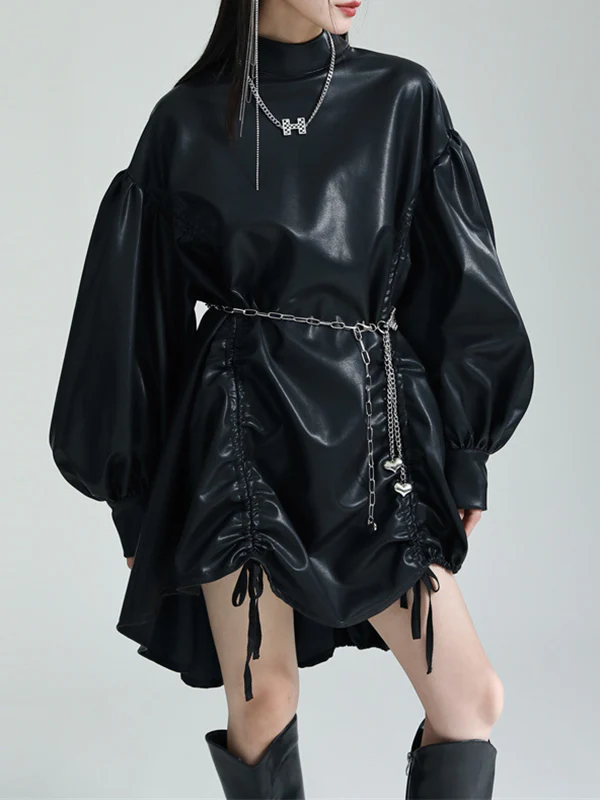 High-Low Long Sleeves Drawstring Pleated Solid Color Stand Collar Mini Dresses - Image 11