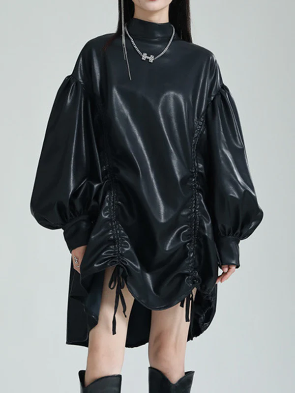 High-Low Long Sleeves Drawstring Pleated Solid Color Stand Collar Mini Dresses - Image 12