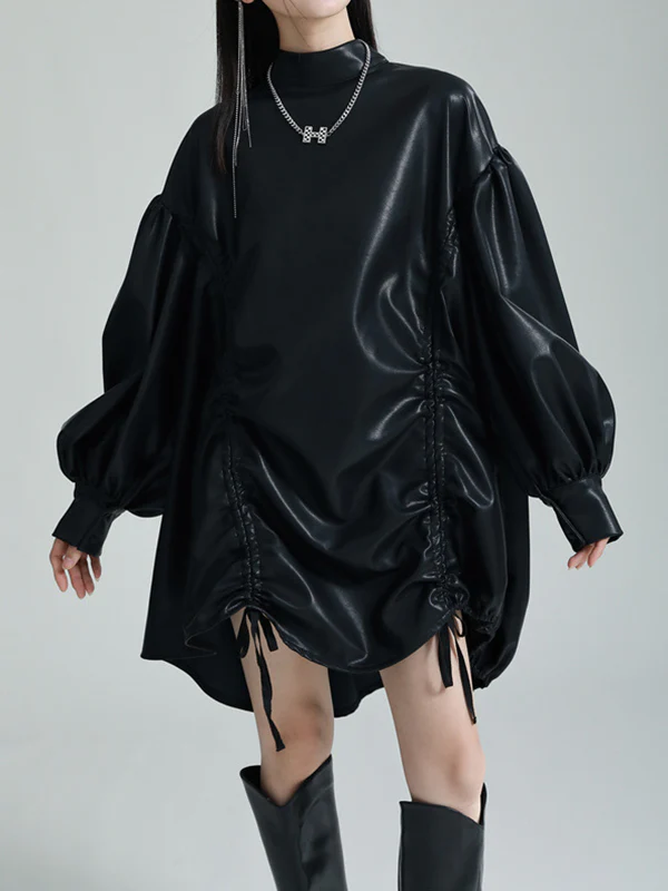 High-Low Long Sleeves Drawstring Pleated Solid Color Stand Collar Mini Dresses - Image 13