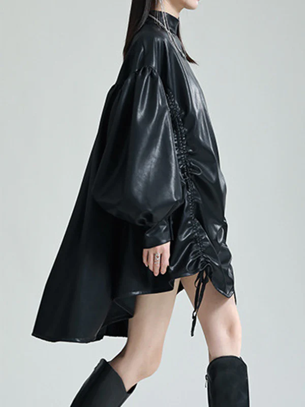 High-Low Long Sleeves Drawstring Pleated Solid Color Stand Collar Mini Dresses - Image 14