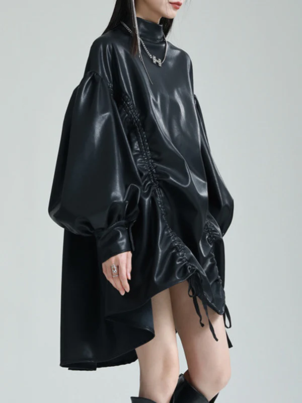 High-Low Long Sleeves Drawstring Pleated Solid Color Stand Collar Mini Dresses - Image 15