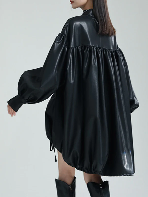 High-Low Long Sleeves Drawstring Pleated Solid Color Stand Collar Mini Dresses - Image 16