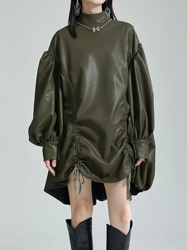 High-Low Long Sleeves Drawstring Pleated Solid Color Stand Collar Mini Dresses - Image 2