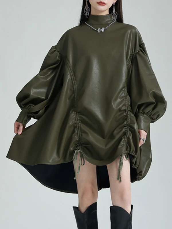 High-Low Long Sleeves Drawstring Pleated Solid Color Stand Collar Mini Dresses - Image 3