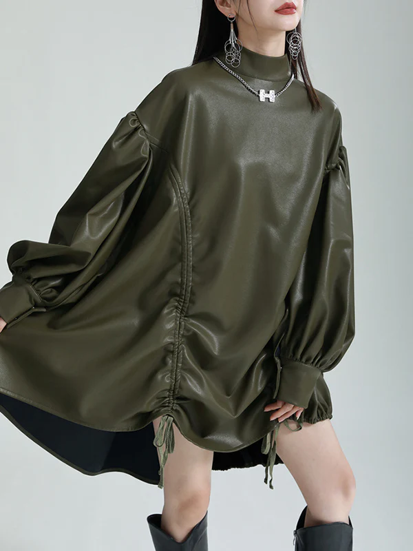 High-Low Long Sleeves Drawstring Pleated Solid Color Stand Collar Mini Dresses - Image 4