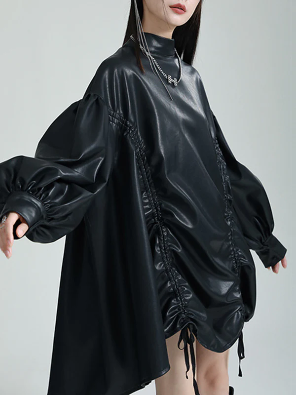 High-Low Long Sleeves Drawstring Pleated Solid Color Stand Collar Mini Dresses - Image 6