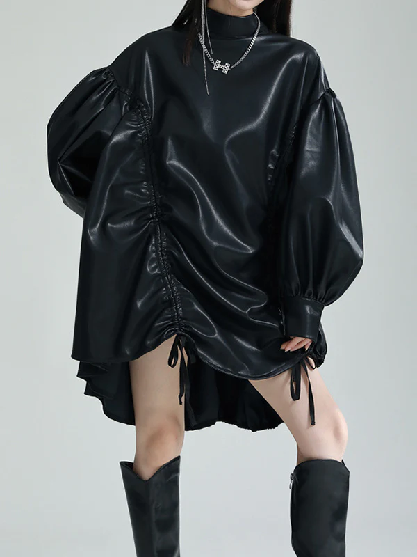High-Low Long Sleeves Drawstring Pleated Solid Color Stand Collar Mini Dresses - Image 8