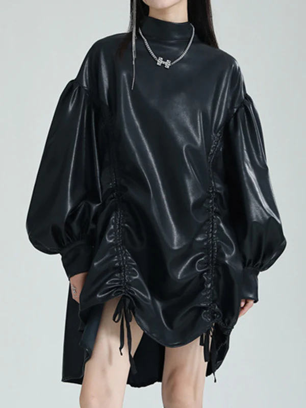 High-Low Long Sleeves Drawstring Pleated Solid Color Stand Collar Mini Dresses - Image 9