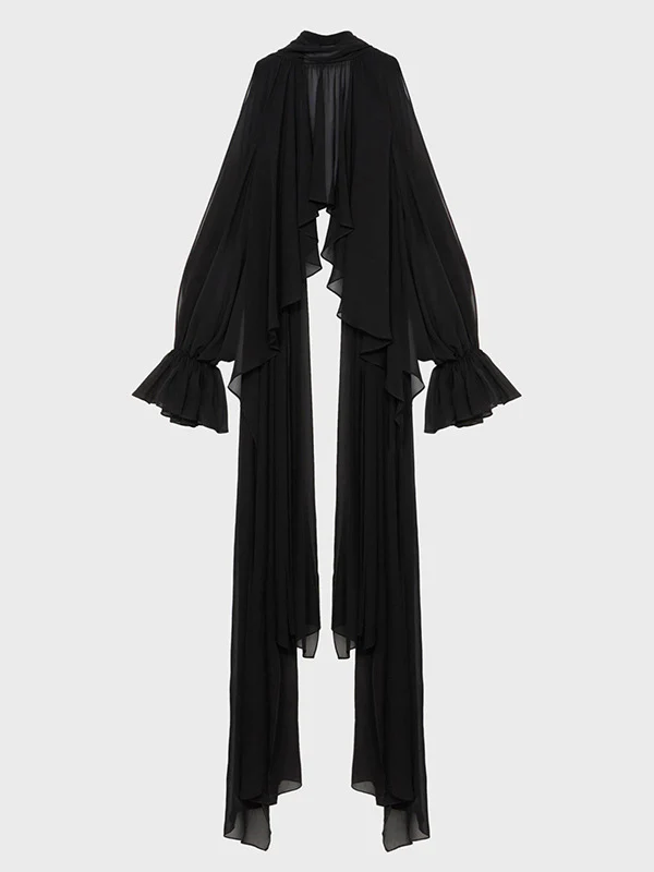 High-Low Long Sleeves Elasticity Hollow Pleated Solid Color Mock Neck Blouses&Shirts Tops - Image 11