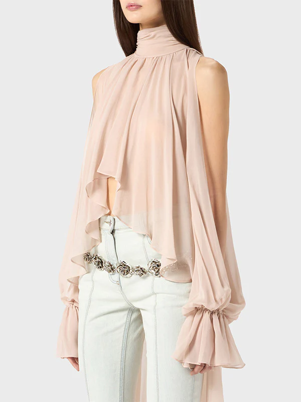 High-Low Long Sleeves Elasticity Hollow Pleated Solid Color Mock Neck Blouses&Shirts Tops - Image 2