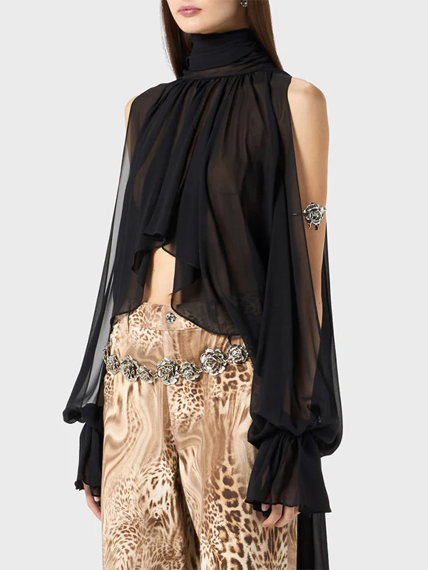 High-Low Long Sleeves Elasticity Hollow Pleated Solid Color Mock Neck Blouses&Shirts Tops - Image 3