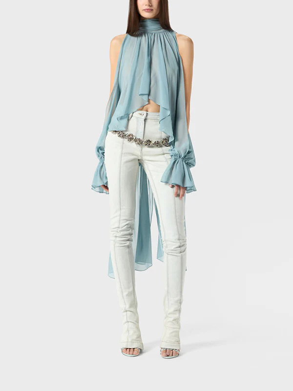 High-Low Long Sleeves Elasticity Hollow Pleated Solid Color Mock Neck Blouses&Shirts Tops - Image 4