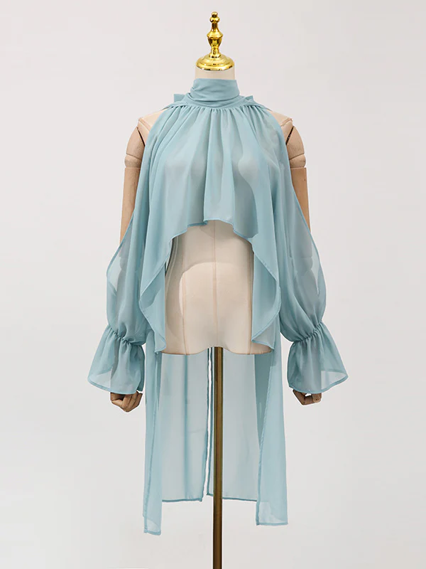 High-Low Long Sleeves Elasticity Hollow Pleated Solid Color Mock Neck Blouses&Shirts Tops - Image 6