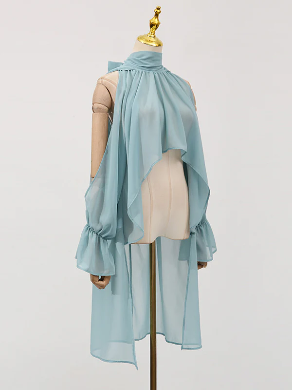 High-Low Long Sleeves Elasticity Hollow Pleated Solid Color Mock Neck Blouses&Shirts Tops - Image 7