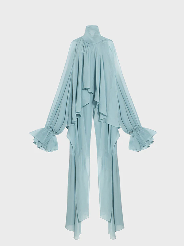 High-Low Long Sleeves Elasticity Hollow Pleated Solid Color Mock Neck Blouses&Shirts Tops - Image 9
