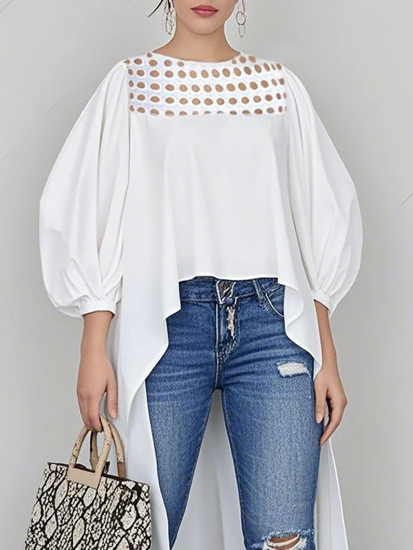 High-Low Long Sleeves Hollow Pleated Solid Color Round-Neck Blouses&Shirts Tops - Image 2
