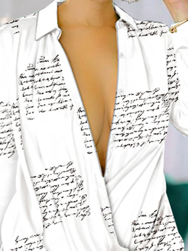 High-Low Long Sleeves Letter Print Lapel Mini Dresses Shirt Dress - Image 3