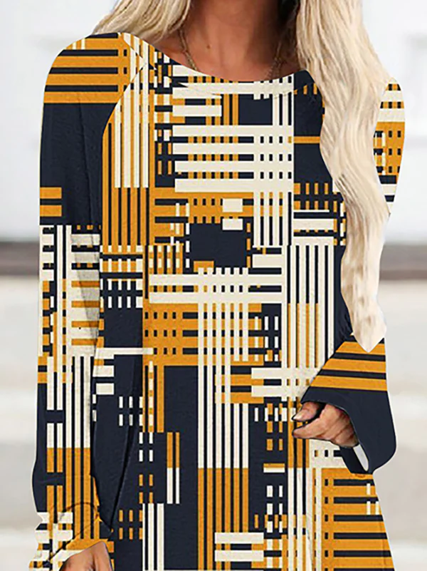 High-Low Long Sleeves Plaid Printed Round-Neck T-Shirts Tops - Image 2