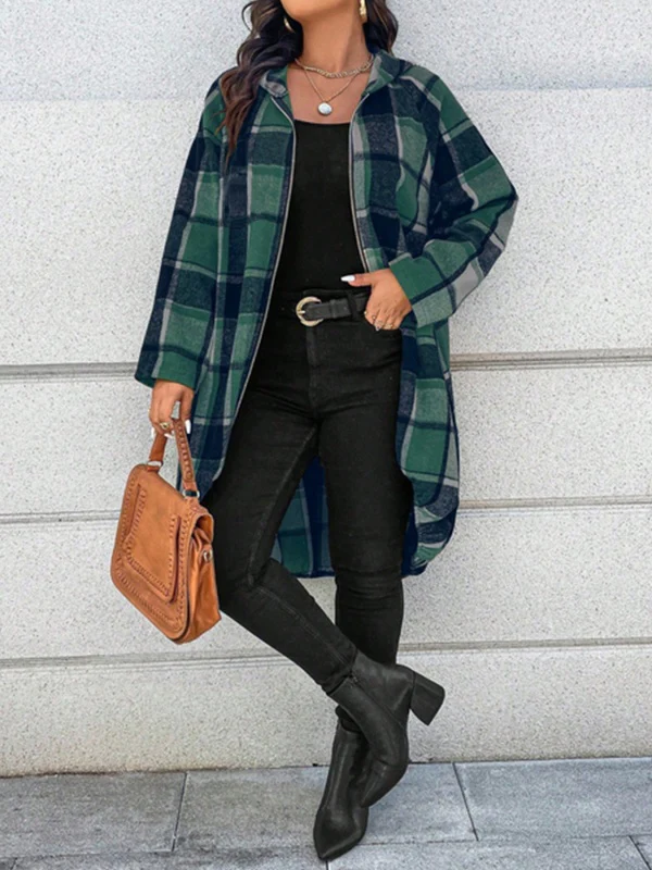 High-Low Long Sleeves Plaid Zipper Hooded Outerwear - Image 2