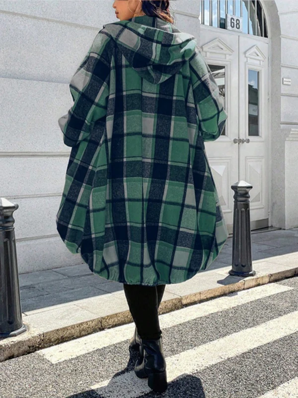 High-Low Long Sleeves Plaid Zipper Hooded Outerwear - Image 3