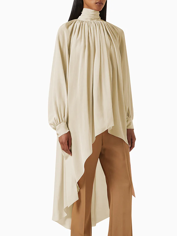 High-Low Long Sleeves Pleated See-Through Solid Color Tied High Neck Blouses&Shirts Tops - Image 2