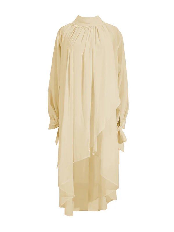 High-Low Long Sleeves Pleated See-Through Solid Color Tied High Neck Blouses&Shirts Tops - Image 3
