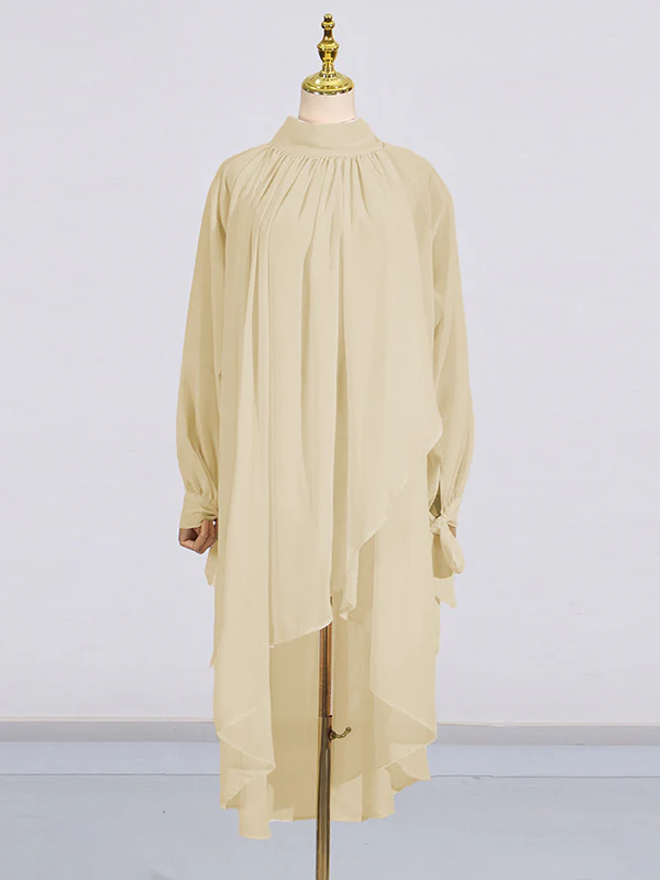 High-Low Long Sleeves Pleated See-Through Solid Color Tied High Neck Blouses&Shirts Tops - Image 4