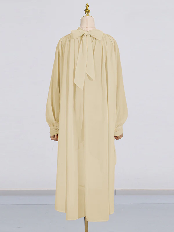 High-Low Long Sleeves Pleated See-Through Solid Color Tied High Neck Blouses&Shirts Tops - Image 5