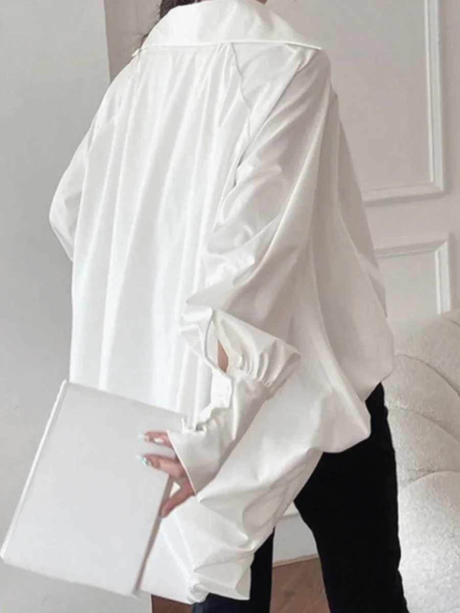High-low Plus Size Long Sleeves Pleated Solid Color Lapel Collar Blouses&shirts Tops - Image 3