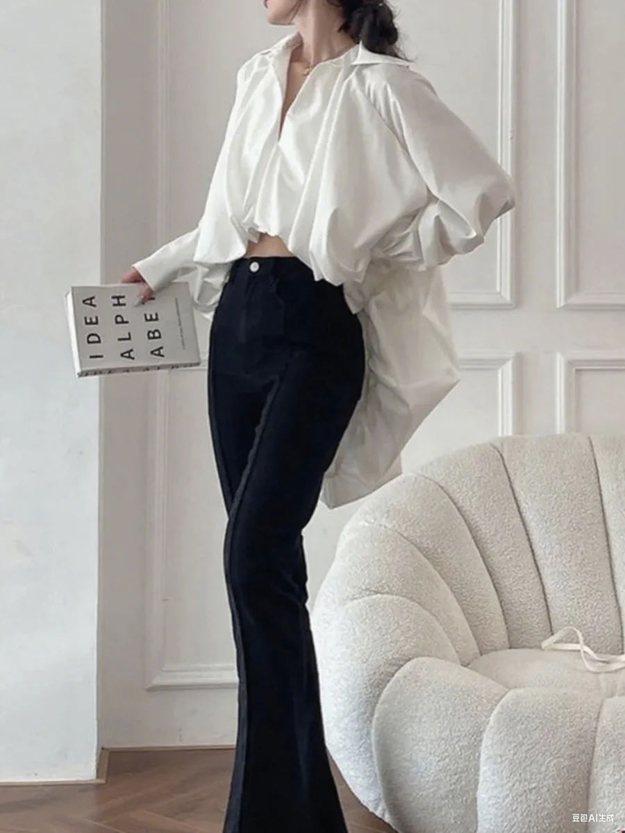 High-low Plus Size Long Sleeves Pleated Solid Color Lapel Collar Blouses&shirts Tops - Image 4