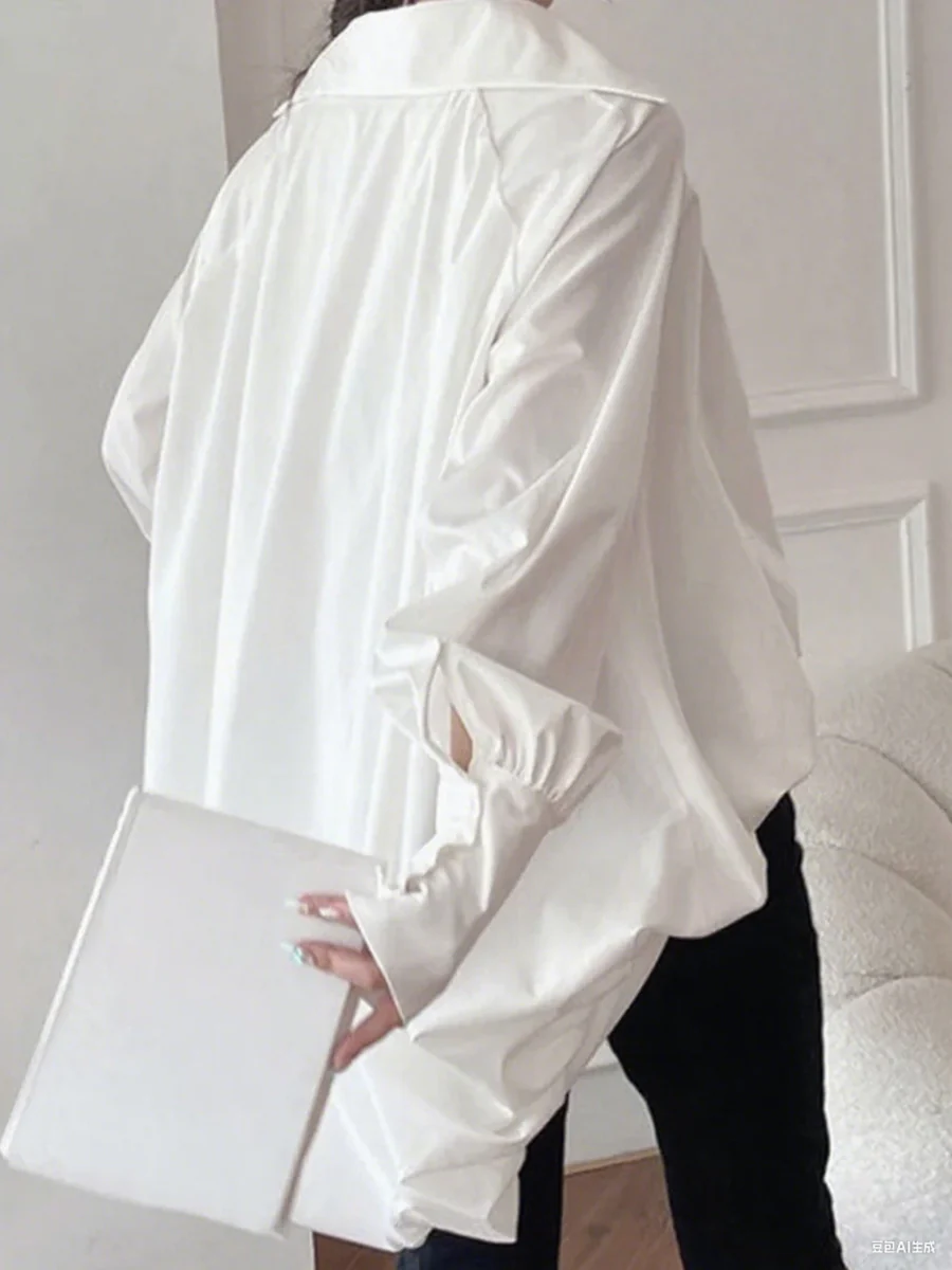 High-low Plus Size Long Sleeves Pleated Solid Color Lapel Collar Blouses&shirts Tops - Image 5