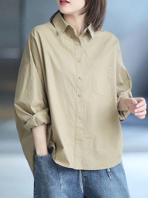 High-Low Long Sleeves Solid Color Lapel Blouses&Shirts Tops - Image 10